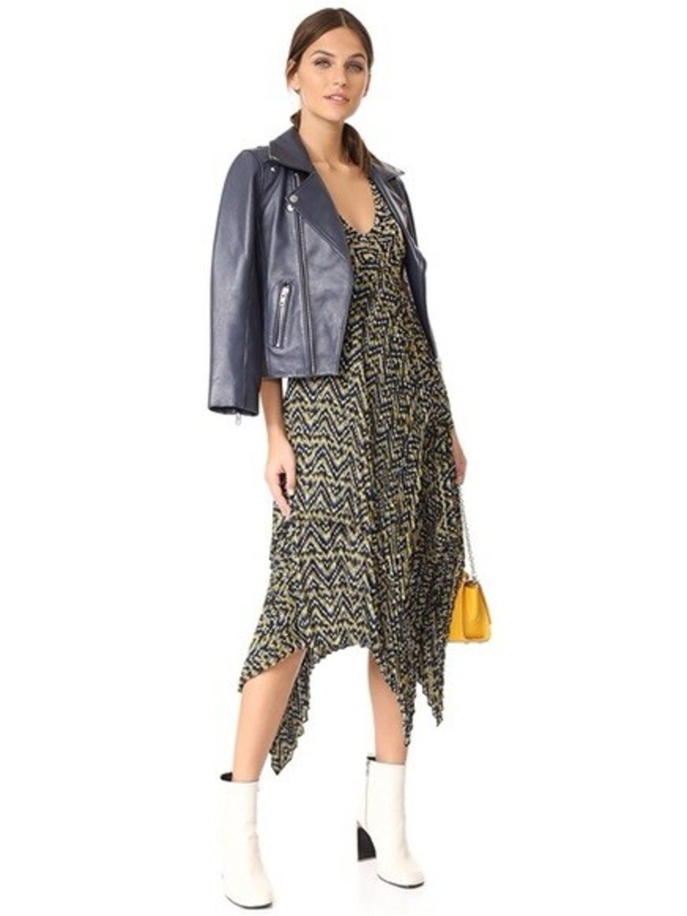 ALC Kendall Ikat Silk Asymmetrical Pleated V-Neck Sleeveless Midi Dress in 4